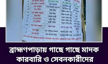 ব্রাহ্মণপাড়ায় গাছে গাছে মাদক কারবারি ও সেবনকারীদের নাম ঝুলিয়ে প্রতিবাদ